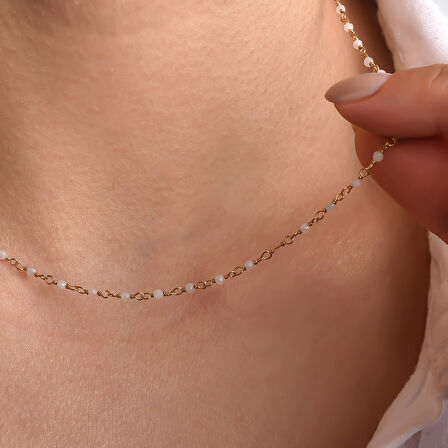 14 Ayar Altın Kaplama Rose Kuvars Ham Değerli Taş Gümüş Choker- CNS00637