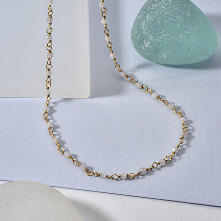 14 Ayar Altın Kaplama Rose Kuvars Ham Değerli Taş Gümüş Choker- CNS00637