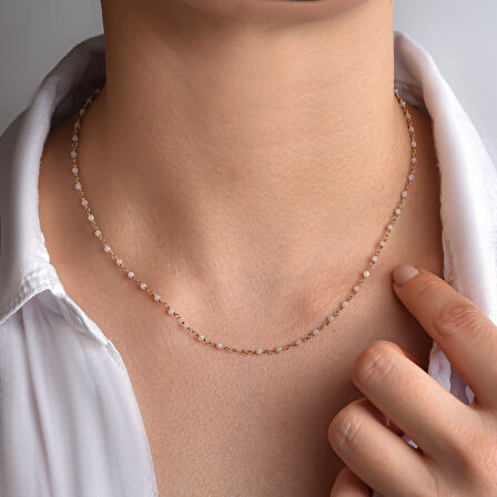 14 Ayar Altın Kaplama Rose Kuvars Ham Değerli Taş Gümüş Choker- CNS00637