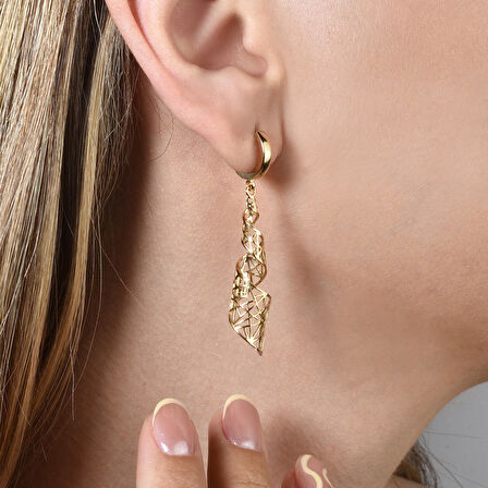 925 Ayar Gümüş Altın Kaplama Geometrik 3D Tasarım Sallantılı Halka Küpe - E00296