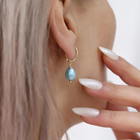 925 Ayar Gümüş Barock Fresh Blue Tatlısu İncisi Küpe-8mm