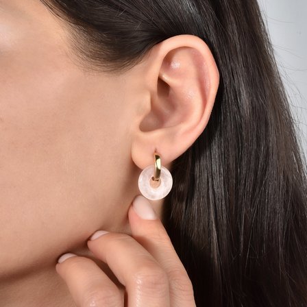 14 Ayar Altın Kaplama Gerçek ve Doğal Donut Rose Quartz Taşlı Halka Küpe - ES00153