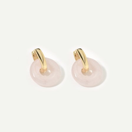 14 Ayar Altın Kaplama Gerçek ve Doğal Donut Rose Quartz Taşlı Halka Küpe - ES00153