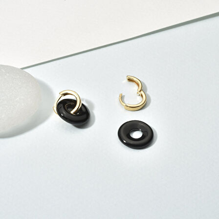 14 Ayar Altın Kaplama Gerçek ve Doğal Donut Onyx Siyah Taşlı Halka Küpe - ES00154