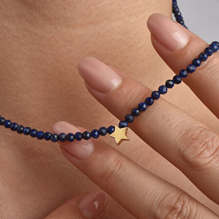 14 Ayar Altın Kaplama Lapis Lazuli Doğal Taşlı Yıldız  Gümüş Kolye - NGS00112