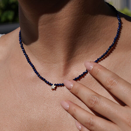 14 Ayar Altın Kaplama Lapis Lazuli Doğal Taşlı Yıldız  Gümüş Kolye - NGS00112