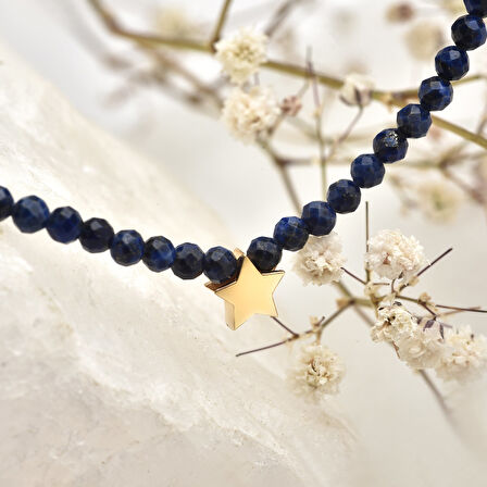 14 Ayar Altın Kaplama Lapis Lazuli Doğal Taşlı Yıldız  Gümüş Kolye - NGS00112