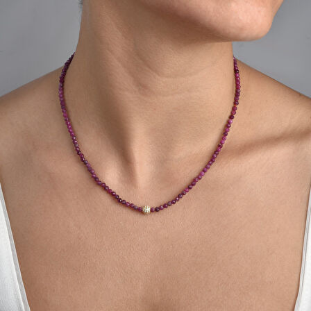  925 Ayar Gümüş Altın Kaplama Doğal Yakut Taşlı Kolye - NGS00114