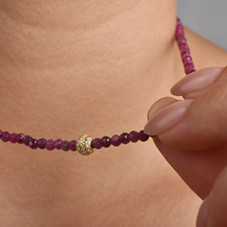  925 Ayar Gümüş Altın Kaplama Doğal Yakut Taşlı Kolye - NGS00114