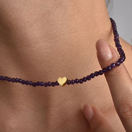 925 Ayar Gümüş Altın Kaplama Doğal Ametist Boncuklu Kalp Detaylı Kolye - NGS00123