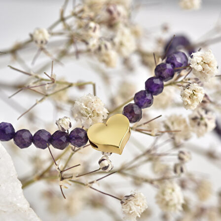 925 Ayar Gümüş Altın Kaplama Doğal Ametist Boncuklu Kalp Detaylı Kolye - NGS00123