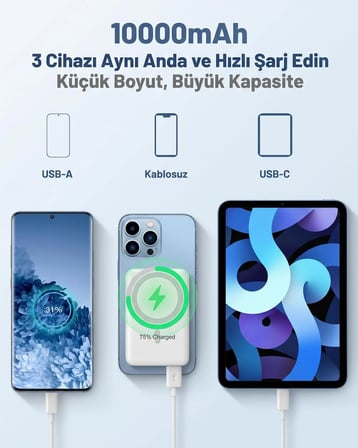 iPhone 12/13/14/15/16 Serisi Uyumlu 10000mAh Magsafe Powerbank