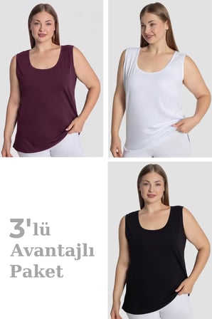 Sade Model Rahat Kesim Yumuşak Kumaş Kadın Pamuklu Büyük Beden Kalın Askılı Atlet 3'lü Paket