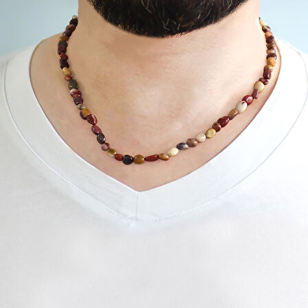 Nipora Silver Renk Metal Zincirli Amorf Jasper Doğaltaş Erkek Kolye