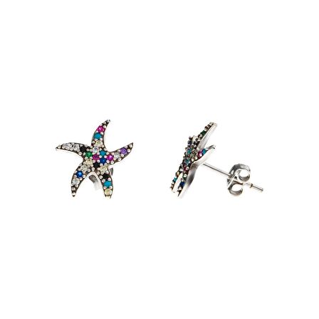Nipora Multicolor Zirkon Taşlı Deniz Yıldızı Tasarım 925 Ayar Gümüş Kadın Küpe