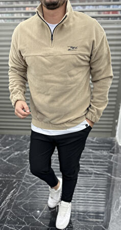 Erkek Nakışlı Polar Sweatshirt Dik Yaka Yarım Fermuar Beli Lastikli