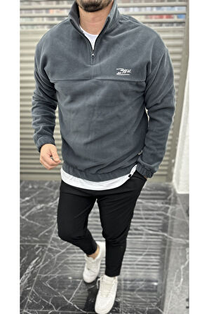 Erkek Nakışlı Polar Sweatshirt Dik Yaka Yarım Fermuar Beli Lastikli