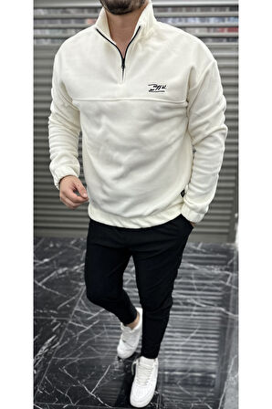 Erkek Nakışlı Polar Sweatshirt Dik Yaka Yarım Fermuar Beli Lastikli
