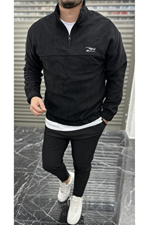 Erkek Nakışlı Polar Sweatshirt Dik Yaka Yarım Fermuar Beli Lastikli