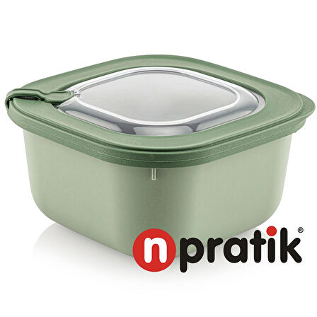 NPratik Elegant Storage Box Saklama kabı seti 3 parça vakumlu kapak mikrodalga ve buzdolabına uygun Haki