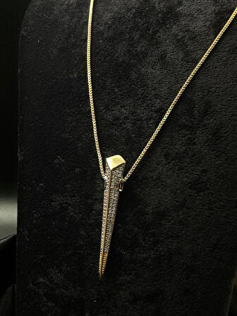  Kadın uzun üçgen tasarım zirkon taşlı gold zincirli 14k gold renk kolye