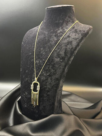 Kadın zirkon taşlı uzun sallantılı tasarım gold renk 14k kolye