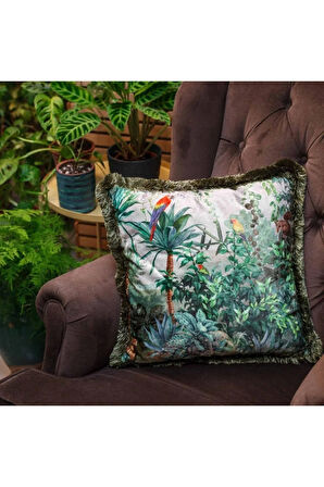 Papağanlı Kadife Yastık/Kırlent (Dolgu Boncuk Elyaf, Uluslararası Yıkama Ve Solmama Sertifikası)