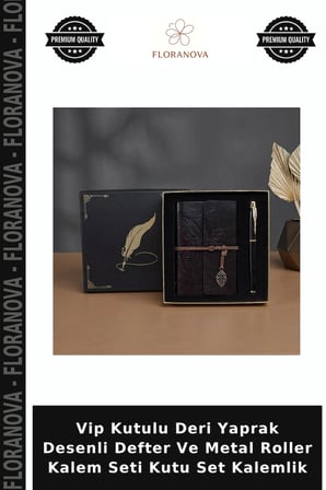 Vip Kutulu Deri Yaprak Desenli Defter Ve Metal Roller Kalem Seti Kutu Set Kalemlik