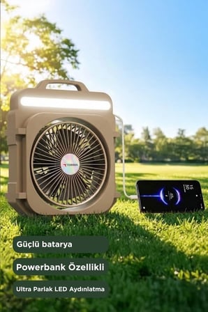 Özel Seri Yazlık Aksesuar Masa Fanı Askılı Fan Şarjlı Masaüstü Vantilatör Kamp Tipi F53 Bej