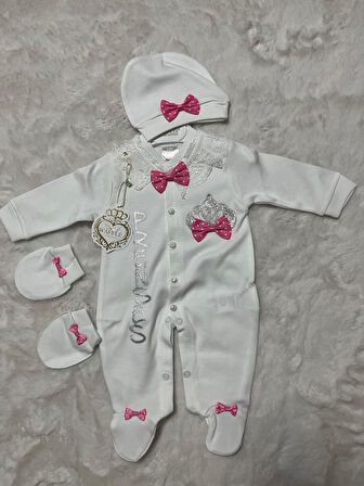 Prenses Yazılı Noktalı Pembe fiyonklu Tulum