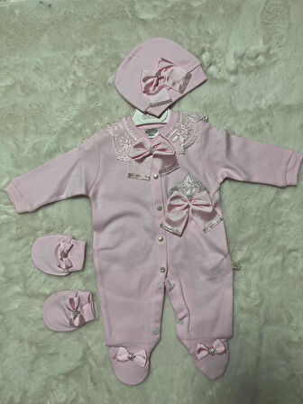 Düz Pembe Fiyonklu Tulum