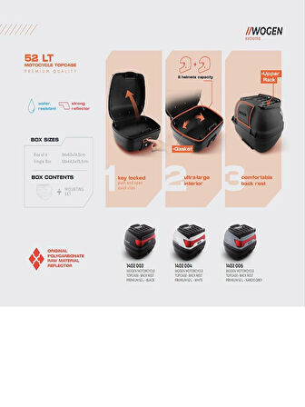  WOGEN 52 LT. MOTORSİKLET ARKA ÇANTA**SIRT DAYAMA PEDİ** NARDO GRİ