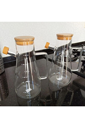 Bambu Kapaklı Vakumlu Borosilikat Cam Yağlık & Sirkelik 2'li Set 900 Ml