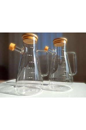 Bambu Kapaklı Vakumlu Borosilikat Cam Yağlık & Sirkelik 2'li Set 900 Ml