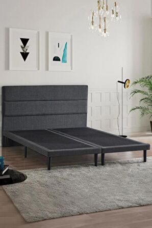 Niron Slim Baza ve Başlık Takımı 180x200 Çift Kişilik Gri Kumaş Kaplı Metal Karyola ve Başlık Seti