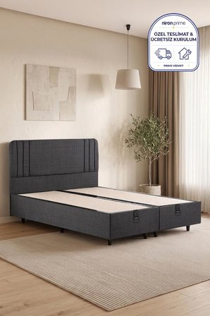 Niron Scarface 160x200 cm Çift Kişilik Baza Başlık Seti - Antrasit Keten Modern Takım