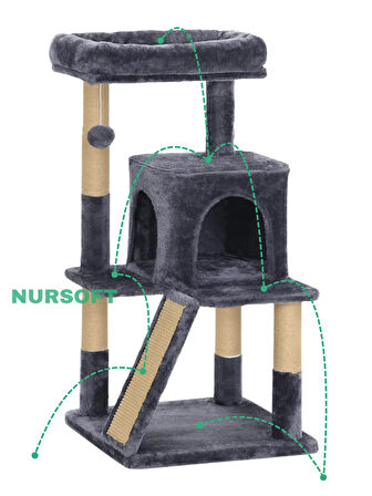 Demonte Kurulabilir Katlı Teraslı Welsoft Kumaşlı Jüt İp Tırmalamalı Kedi Yuvası Antrasit