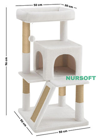Demonte Kurulabilir Katlı Teraslı Welsoft Kumaşlı Jüt İp Tırmalamalı Kedi Yuvası Beyaz