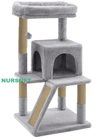 Demonte Kurulabilir Katlı Teraslı Welsoft Kumaşlı Jüt İp Tırmalamalı Kedi Yuvası Gri