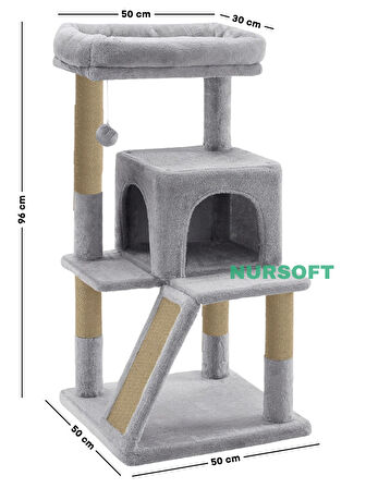 Demonte Kurulabilir Katlı Teraslı Welsoft Kumaşlı Jüt İp Tırmalamalı Kedi Yuvası Gri