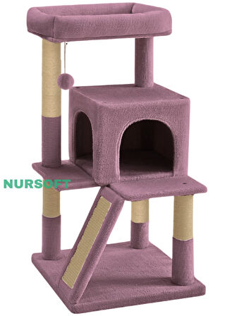 Demonte Kurulabilir Katlı Teraslı Welsoft Kumaşlı Jüt İp Tırmalamalı Kedi Yuvası Gül Kurusu