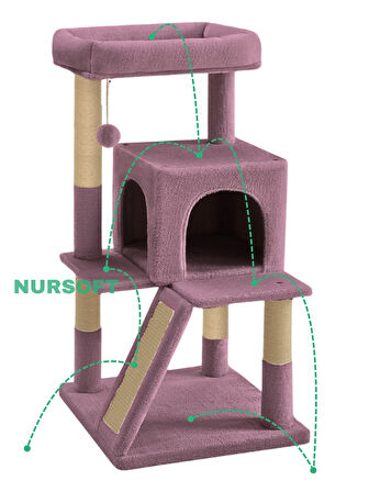 Demonte Kurulabilir Katlı Teraslı Welsoft Kumaşlı Jüt İp Tırmalamalı Kedi Yuvası Gül Kurusu