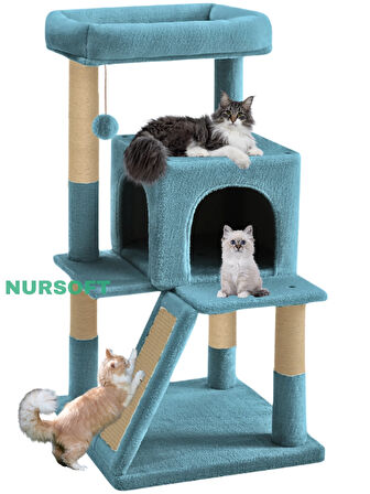 Demonte Kurulabilir Katlı Teraslı Welsoft Kumaşlı Jüt İp Tırmalamalı Kedi Yuvası Turkuaz