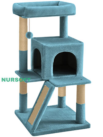 Demonte Kurulabilir Katlı Teraslı Welsoft Kumaşlı Jüt İp Tırmalamalı Kedi Yuvası Turkuaz