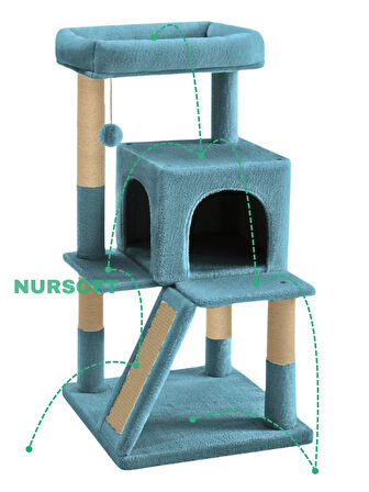 Demonte Kurulabilir Katlı Teraslı Welsoft Kumaşlı Jüt İp Tırmalamalı Kedi Yuvası Turkuaz