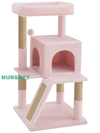 Demonte Kurulabilir Katlı Teraslı Welsoft Kumaşlı Jüt İp Tırmalamalı Kedi Yuvası Pembe