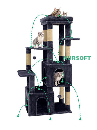 Çok Katlı Tırmalamalı Ponponlu Teraslı Lüx Kedi Eğlenceli Oyun Evi Nursoft-0108
