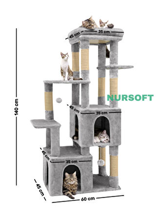 Çok Katlı Tırmalamalı Ponponlu Teraslı Lüx Kedi Eğlenceli Oyun Evi Nursoft-0108