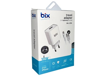 Bix BX-L10TA 1M 2.1A Lightning Kablo + 10W Seyahat Adaptör Seti
