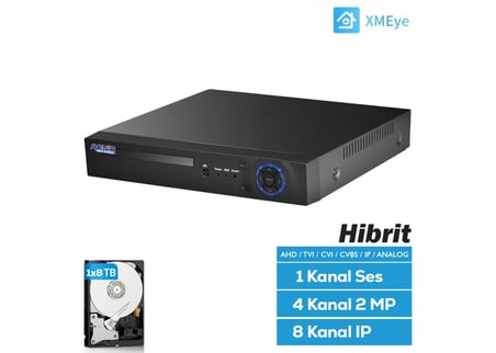 Avenir H.265 4 Kanal 1x8TB 1080N Xmeye Hibrit (5in1) Kayıt Cihazı 4 Kanal 2MP 8 Kanal IP Tek Ses